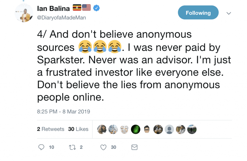 Sparkster Ian Balina tweet