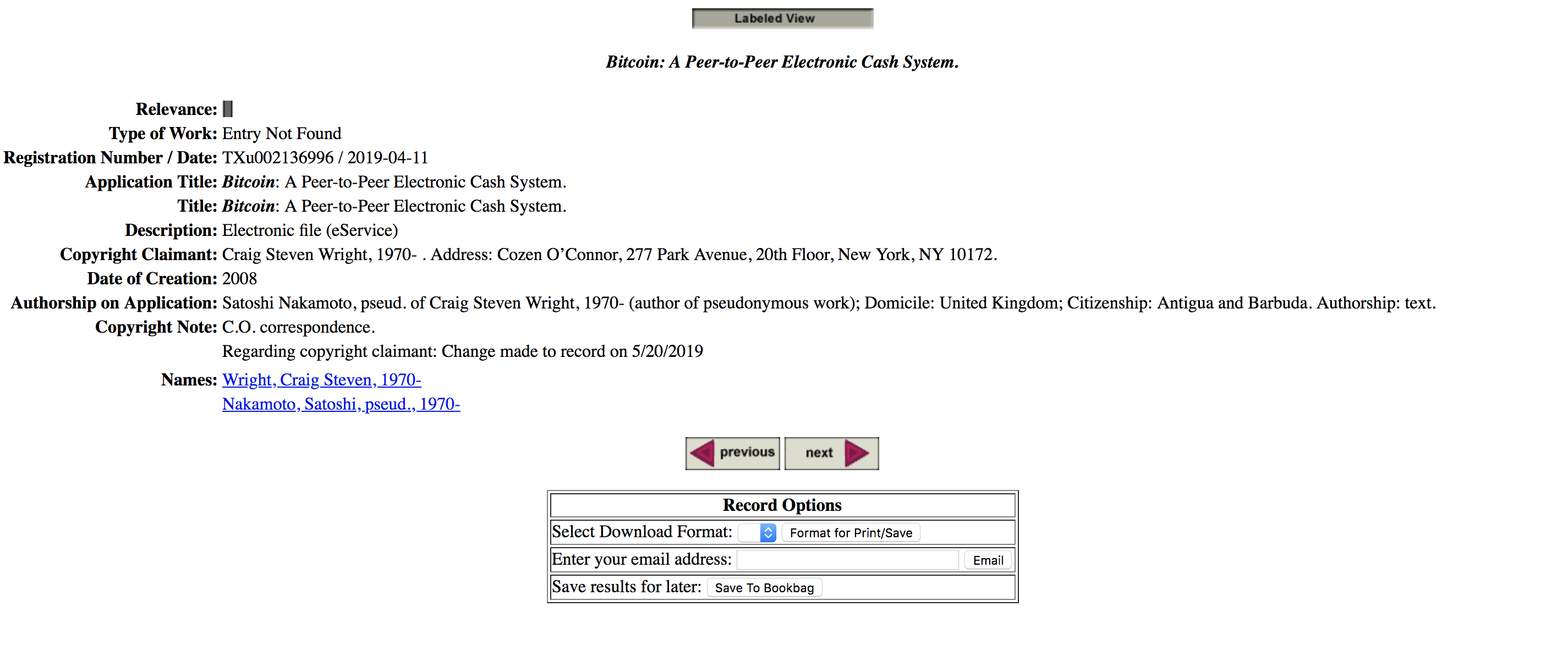 United States copyright office acknowledges Craig Wright as author of Bitcoin white paper Satoshi Nakamoto