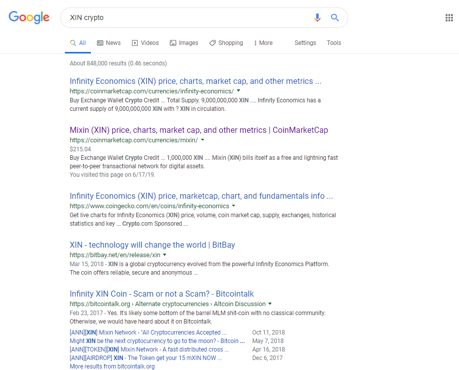 XIN Crypto Google Search