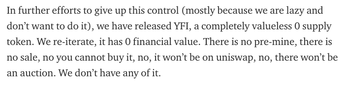 yEarn Finance says YFI has no value beyond governance