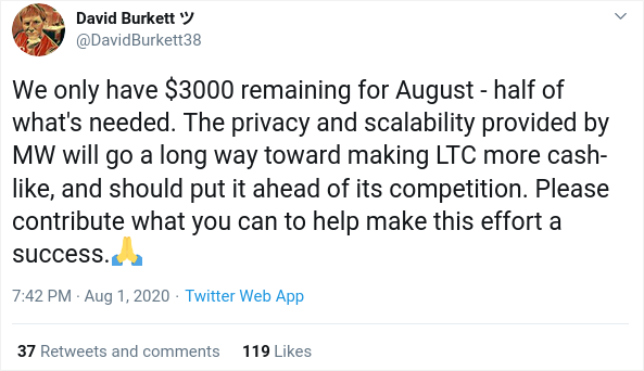 Litecoin Mimblewimble developer David Burkett comment on Twitter