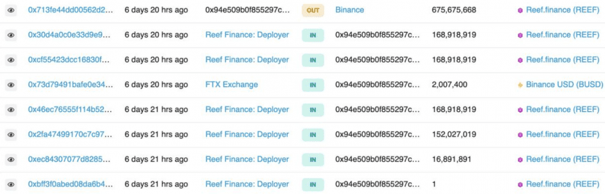 Alameda transferred reef tokens to binance