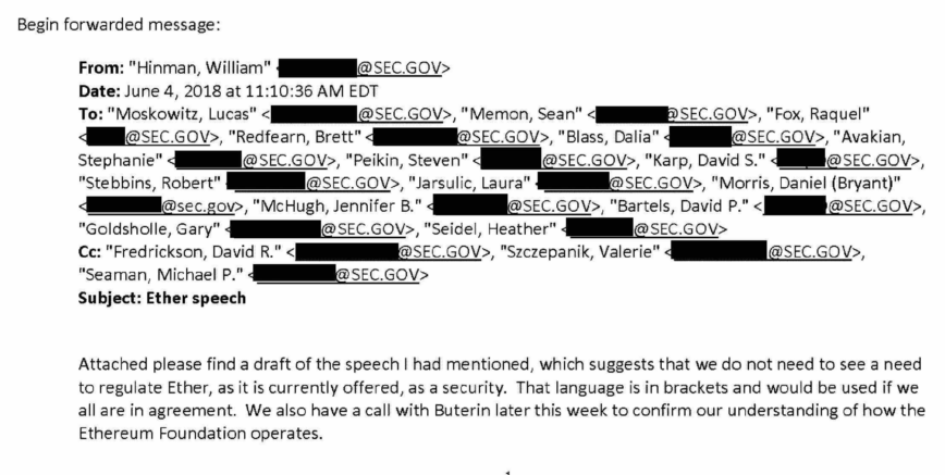 Les e-mails de la SEC révèlent: Hinman n'était pas le seul officiel à délibérer sur la sécurité de l'ETH