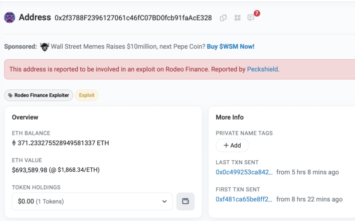 DeFi Protocol Rodeo Finance Hacked; $1.53M of ETH Stolen