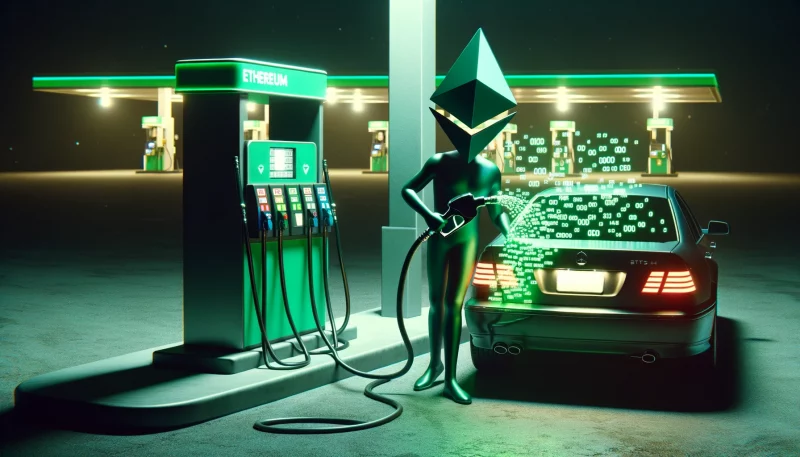 anthropomorphized version of Ethereum loading up smart contract code at a gas station