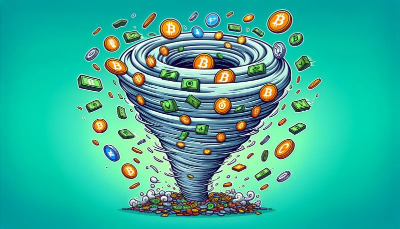 Cartoon tornado filled with crypto logos depicting cryptocurrency mixing