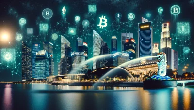 Abstract night scene skyline of Singapore representing its crypto regulation.