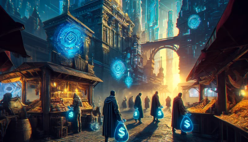 High-fantasy medieval cyberpunk scene of a market where traders are dealing with crypto.
