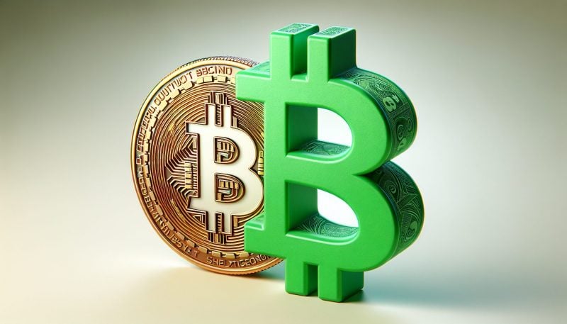 Rendered 3D Bitcoin logo backing 3D US dollar symbol