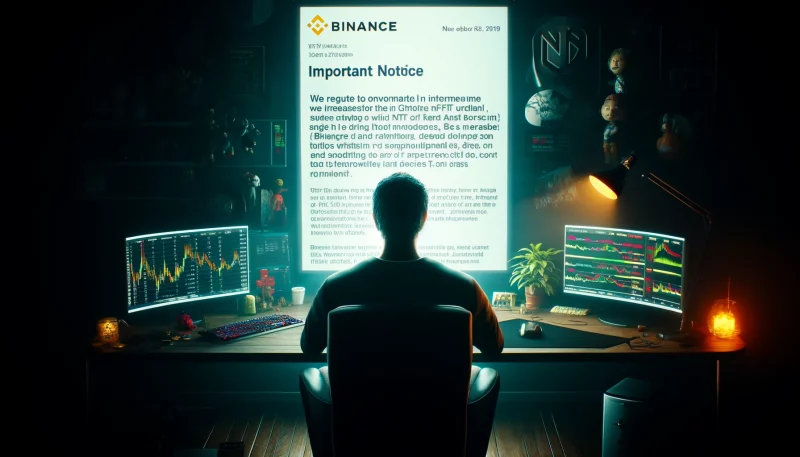 A trader receives a notification that Binance will no longer support Bitcoin Ordinals.