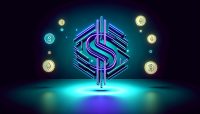 Abstract neon Solana logo with floating USDC stablecoin symbols