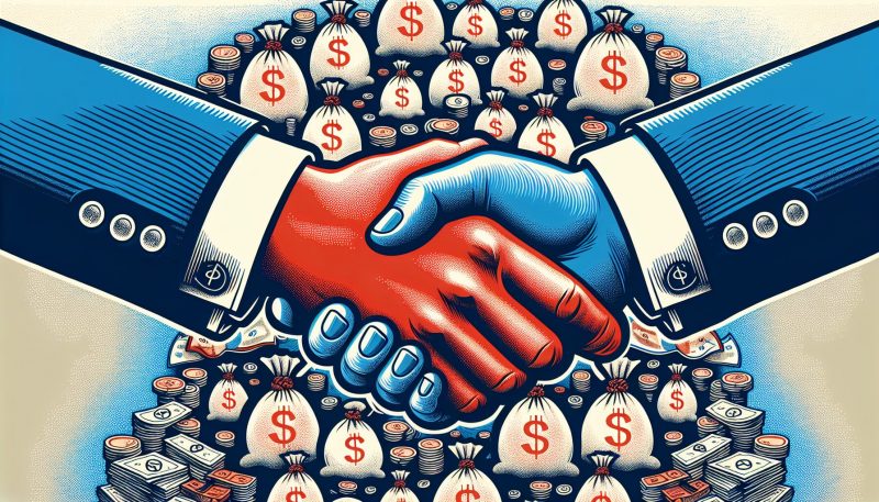An illustration depicts a handshake representing a settlement agreement between Ripple and the SEC, with money bags in the background symbolizing the disputed fines over XRP sales