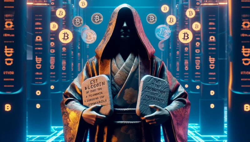 Satoshi Nakamoto holding Bitcoin covenants.