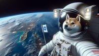 Cartoon Shiba Inu astronaut holding DOG to the moon flag while floating in space above Earth