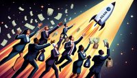 Illustration of businessmen eagerly investing in Solana cryptocurrency as it dramatically rises