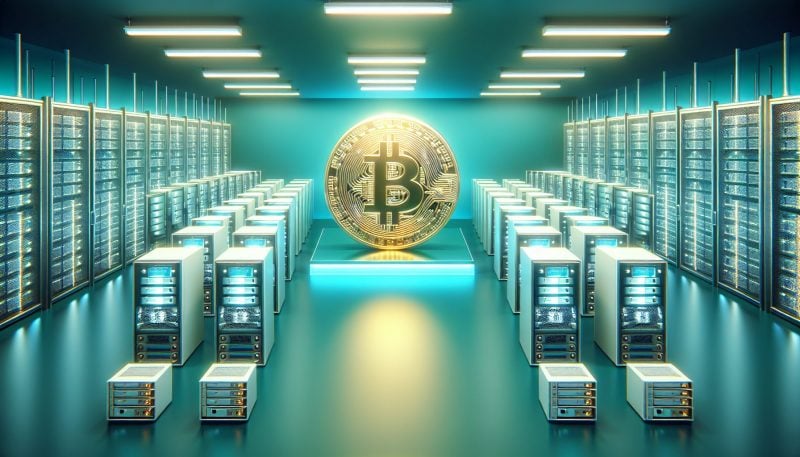 Illustration of a large bitcoin mining data center with rows of computers and servers.