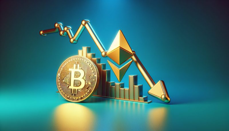 Bitcoin and Ether price symbols falling down graph showing economic decline amid stagflation fears