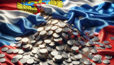 Illustration of Russian ruble coins against a Russian flag background