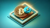 Golden Bitcoin Lightning bolt icon next to blue Coinbase logo on teal background