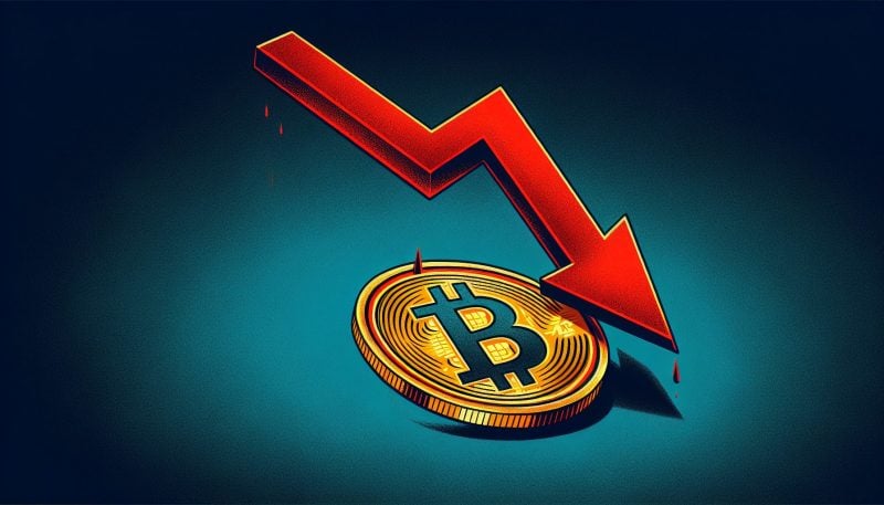 A red downward arrow piercing a bitcoin symbol, indicating falling crypto prices before the FOMC meeting