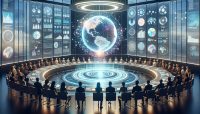 A 3D rendering of a group of people in a futuristic meeting room focused on decentralized governance