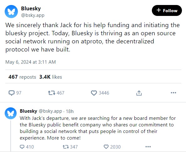Bluesky announced Jack Dorsey's departure