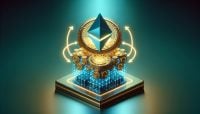 A blue cube transforms into a complex gear mechanism representing Ethereum account upgrades