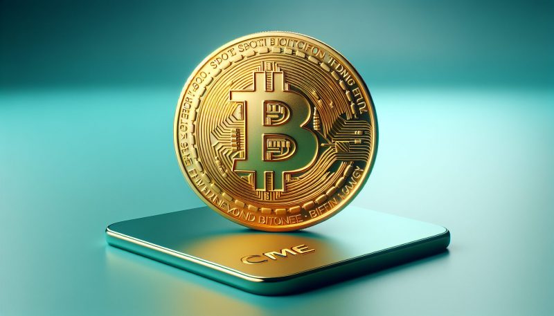 Golden Bitcoin coin with CME logo representing spot Bitcoin trading.