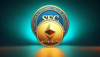 Golden Ethereum coin with SEC logo, Ethereum ETFs