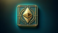 Golden Ethereum logo on teal gradient.