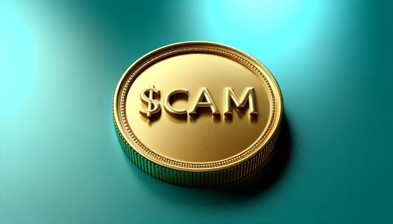 Golden "SCAM" coin symbolizing memecoin scam allegations.