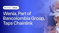 Colombian peso coin transforming into digital token with Wenia Chainlink stablecoin overlay