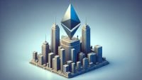Ethereum logo with rising graph and institutional buildings, depicting ETH institutional activity