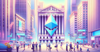 Ethereum logo prominently displayed over Wall Street amidst tall buildings, symbolizing integration of cryptocurrency in traditional finance.