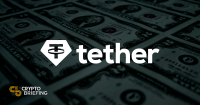 Tether cryptocurrency logo and name displayed over a background of U.S. dollar bills.