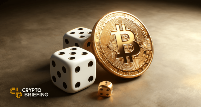 Large gold Bitcoin coin next to three white dice, symbolizing gambling.