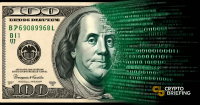 US 0 bill with Benjamin Franklin's portrait partially digitized, blending into binary code, symbolizing the digital dollar concept.