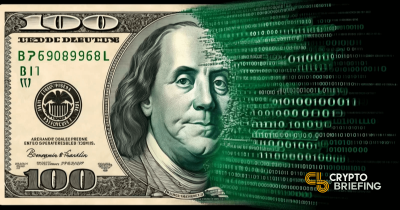 US $100 bill with Benjamin Franklin's portrait partially digitized, blending into binary code, symbolizing the digital dollar concept.