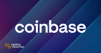 Coinbase logo prominently displayed on a blue gradient background.