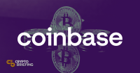 Coinbase logo over a background of stacked Bitcoin physical coins on a purple backdrop.