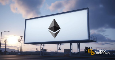 Ethereum logo prominently displayed on a large outdoor billboard against a backdrop of a sunset sky.