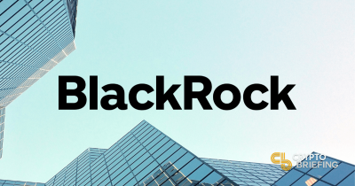 BlackRock logo overlaid on a background of in type, glass skyscrapers reflecting the sky.