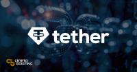 "Tether logo overlaying a digital blockchain background with coded chains, signifying cryptocurrency stability and blockchain integration."