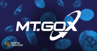 MT. GOX logo with floating Bitcoin coins in the background.