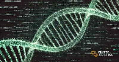 DNA helix made of binary code against a dark background, illustrating the decentralized science movement.