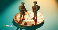 Two toy soldiers standing on a large Bitcoin coin, symbolizing cryptocurrency market relation to conflicts and wars.