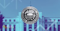 United States Federal Reserve System emblem overlaid on the Federal Reserve building.