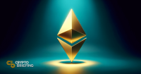 Golden Ethereum logo illuminated with blue and green lighting.