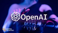 "Robotic arm and human hand interacting with a digital interface, featuring the OpenAI logo prominently displayed."