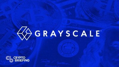 "Grayscale logo centered on a blue background with Bitcoin coins and U.S. dollar bills."